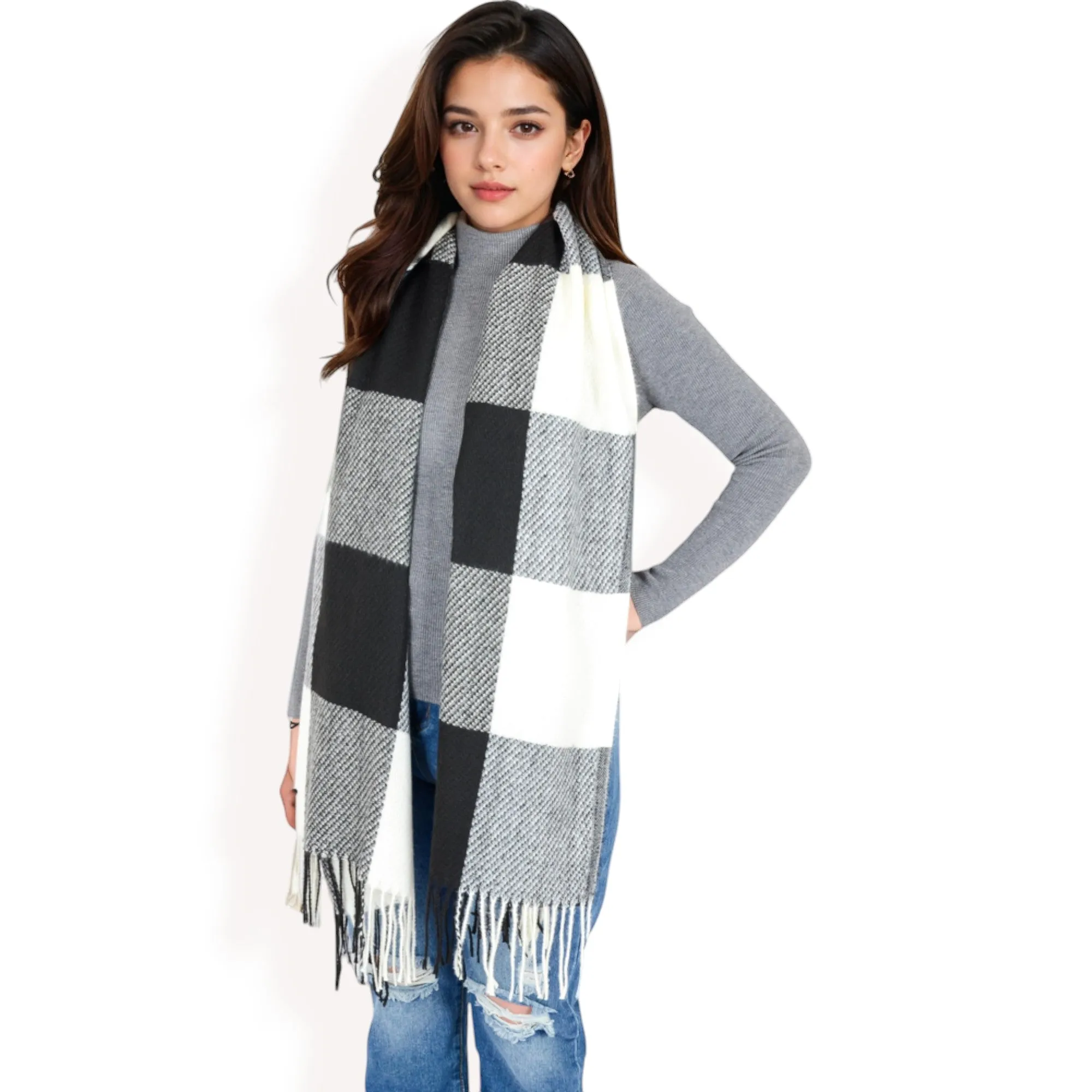Anna-Kaci Women's Oversized Plaid Blanket Scarf with Fringe Trim and Soft Textured Fabric